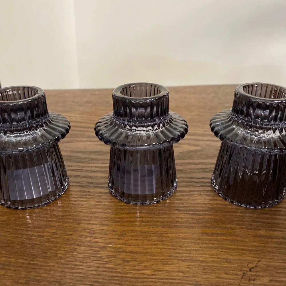 Three Ribbed Grey Glass Taper Candle Holders - Picture 4 of 4